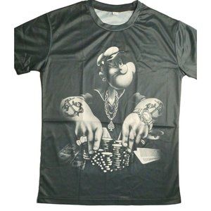 Popeye The Sailor Man Cartoon Poker Black Short Sleeve T-Shirt Large Casual Mens